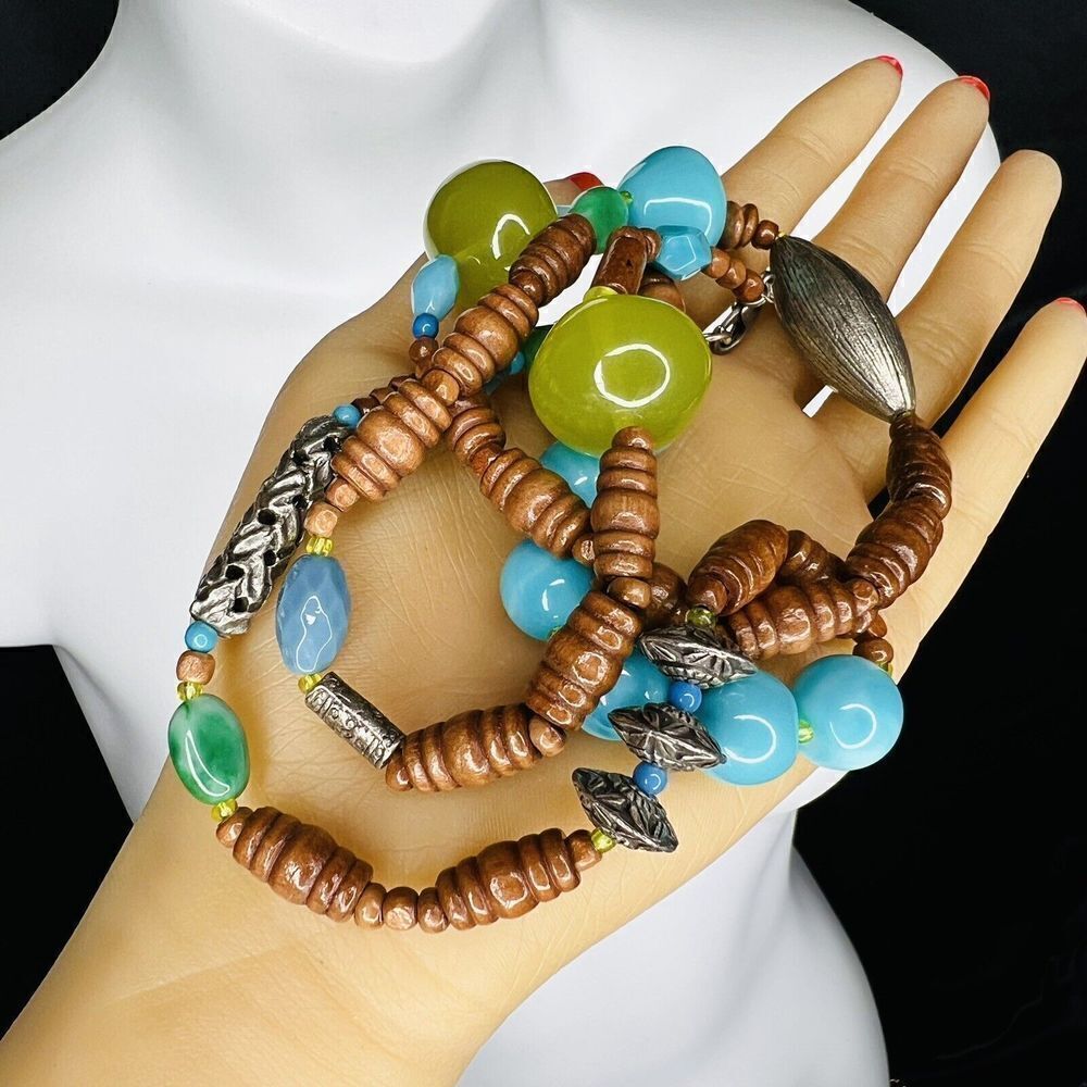 Vintage Lucite Wood Silver Beads Tibetan Necklace Mixed Media Chunky Beads 4009 - Picture 9 of 13